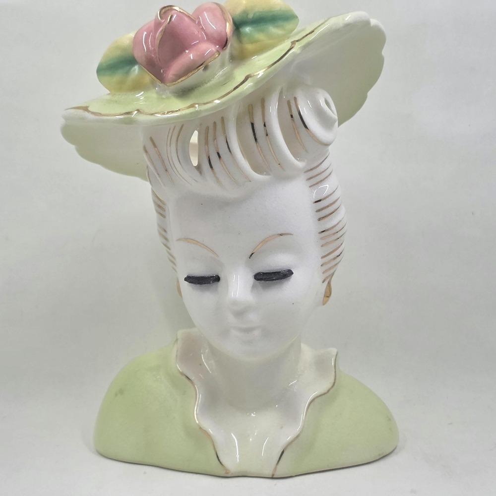 Vintage Lady Head Vase Porcelain Japan Style Green Hat and Dress Floral
